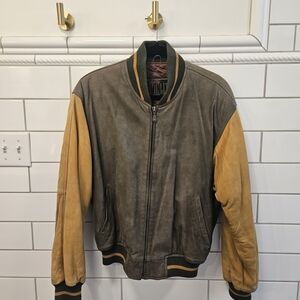 Vintage Two-Tone Leather Bomber Jacket - Brown & Tan